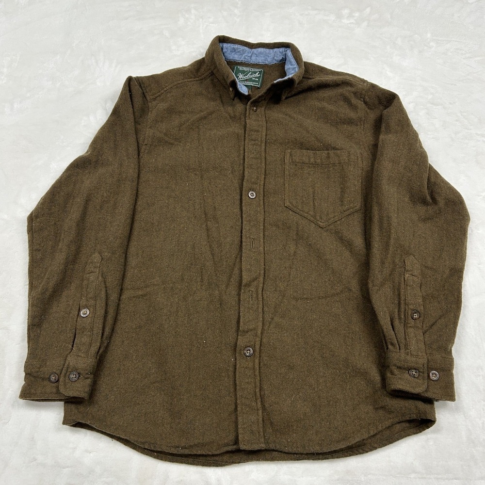 Woolrich Wool Blend Shirt Mens Medium Olive Green Herringbone 6118 Button Down